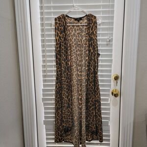 L&B Lucky & Blessed Duster Vest Womens Small Brown Leopard Print Sleeveless Long